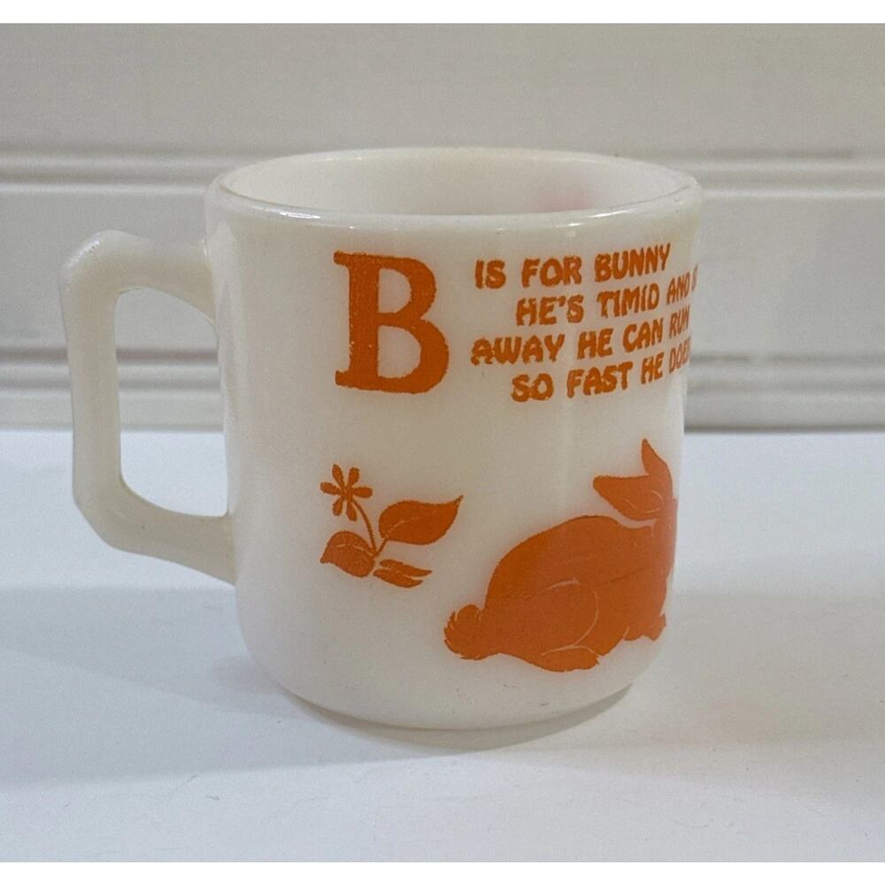 Vintage Hazel Atlas Children’s Mug Cup Orange B Is For Bunny Milk Glass Alphabet